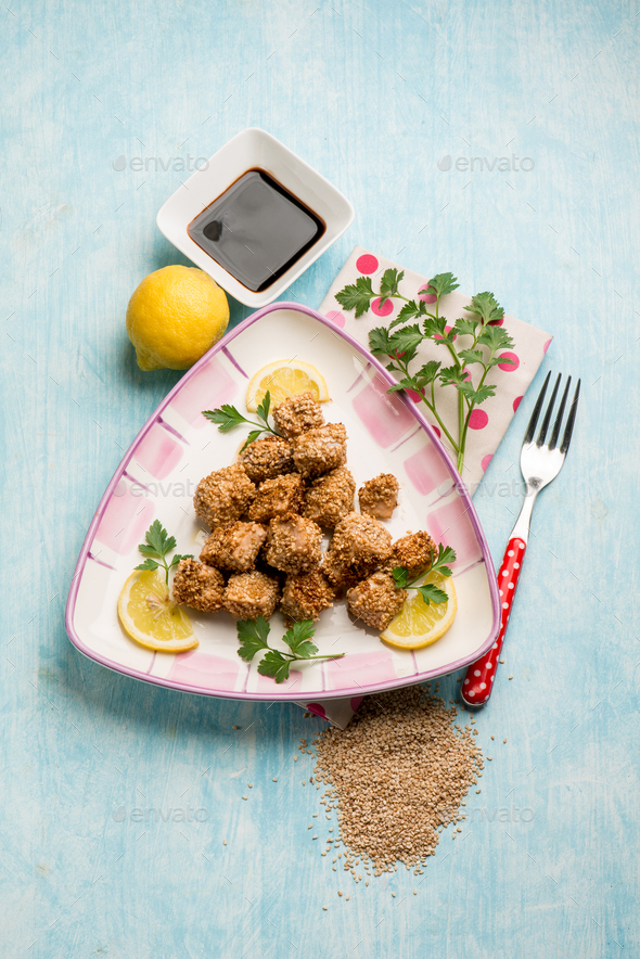 swordfish croquettes with sesame seeds and soy sauce Stock Photo by